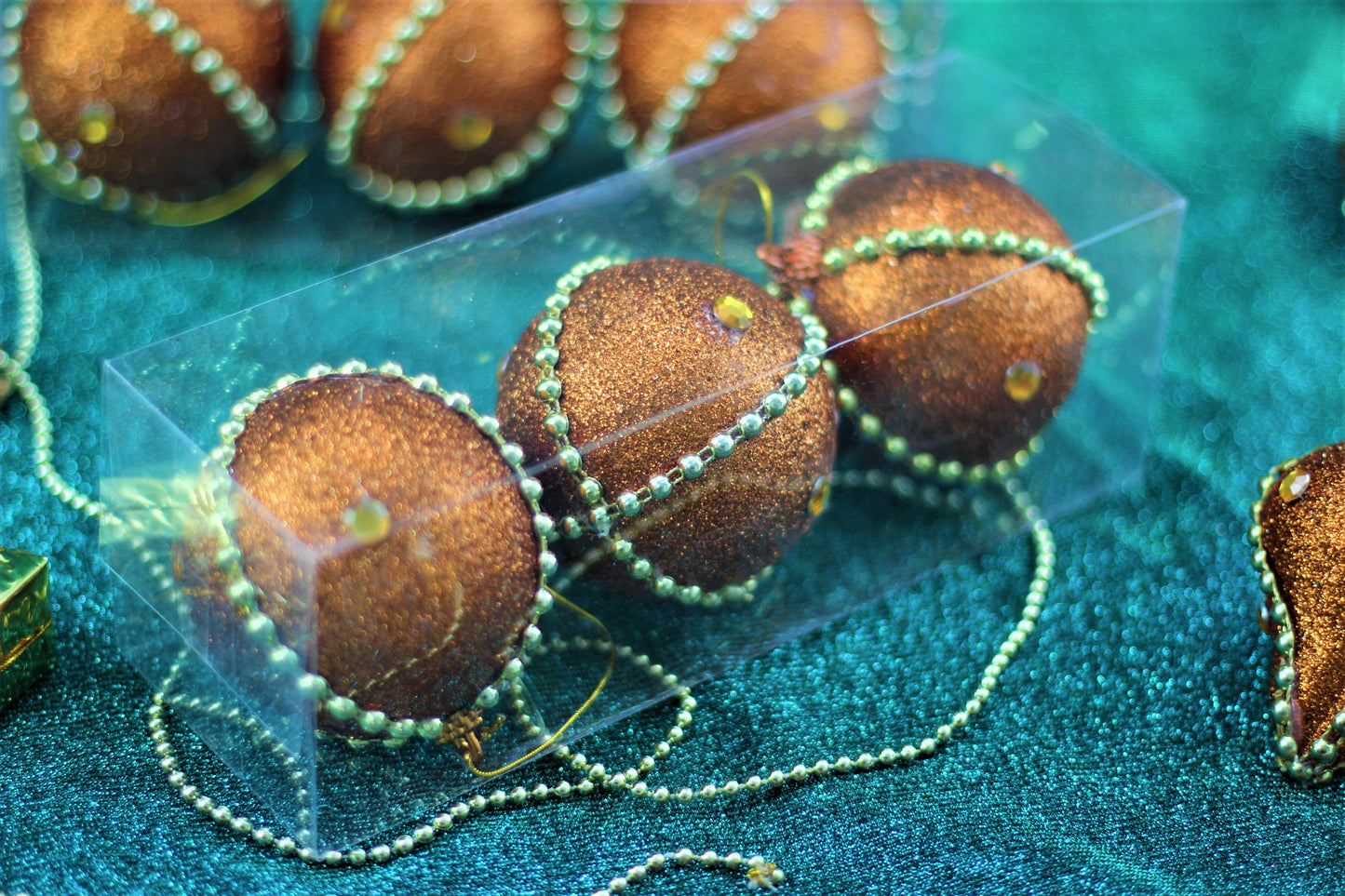 Set of 3 Round Christmas Baubles – Copper Gold Glitter With Beaded Chain And Crystals