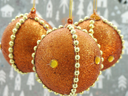 Set of 3 Round Christmas Baubles – Copper Gold Glitter With Beaded Chain And Crystals