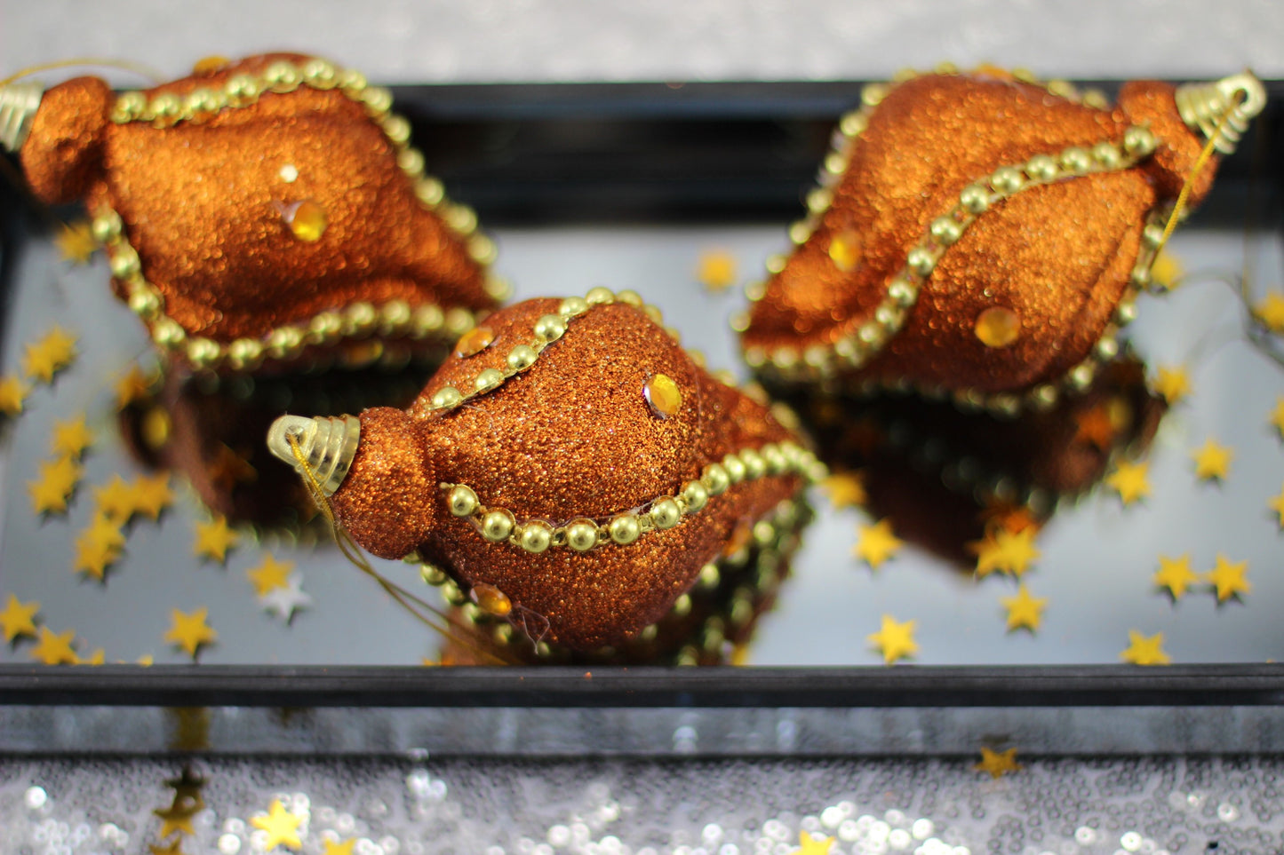 Set of 3 Christmas Icicle Baubles – Copper Gold Glitter With Beaded Chain And Crystals