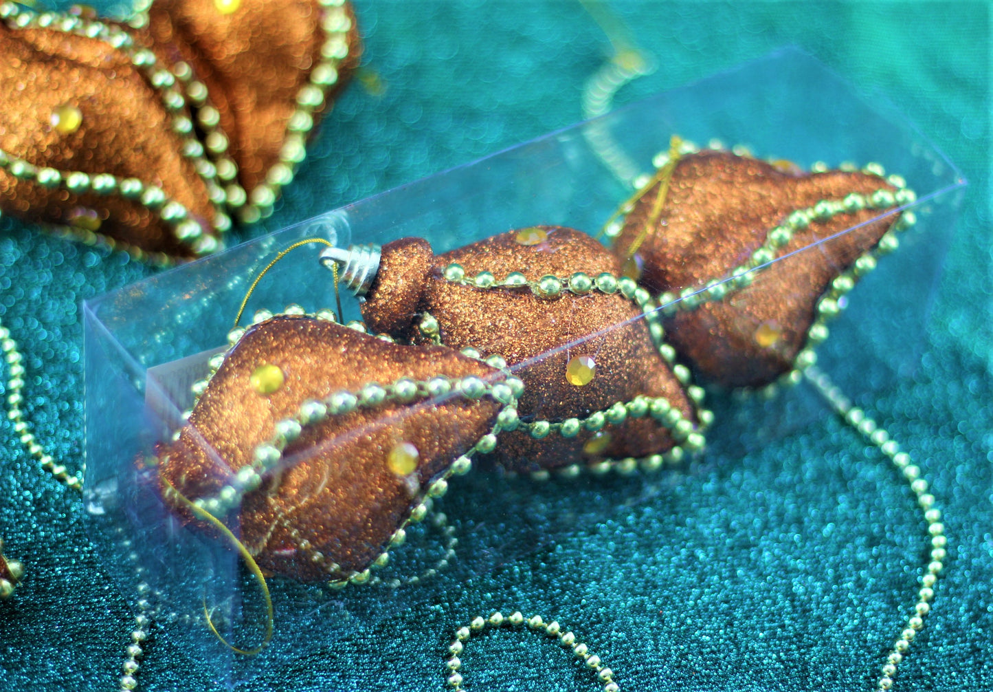 Set of 3 Christmas Icicle Baubles – Copper Gold Glitter With Beaded Chain And Crystals