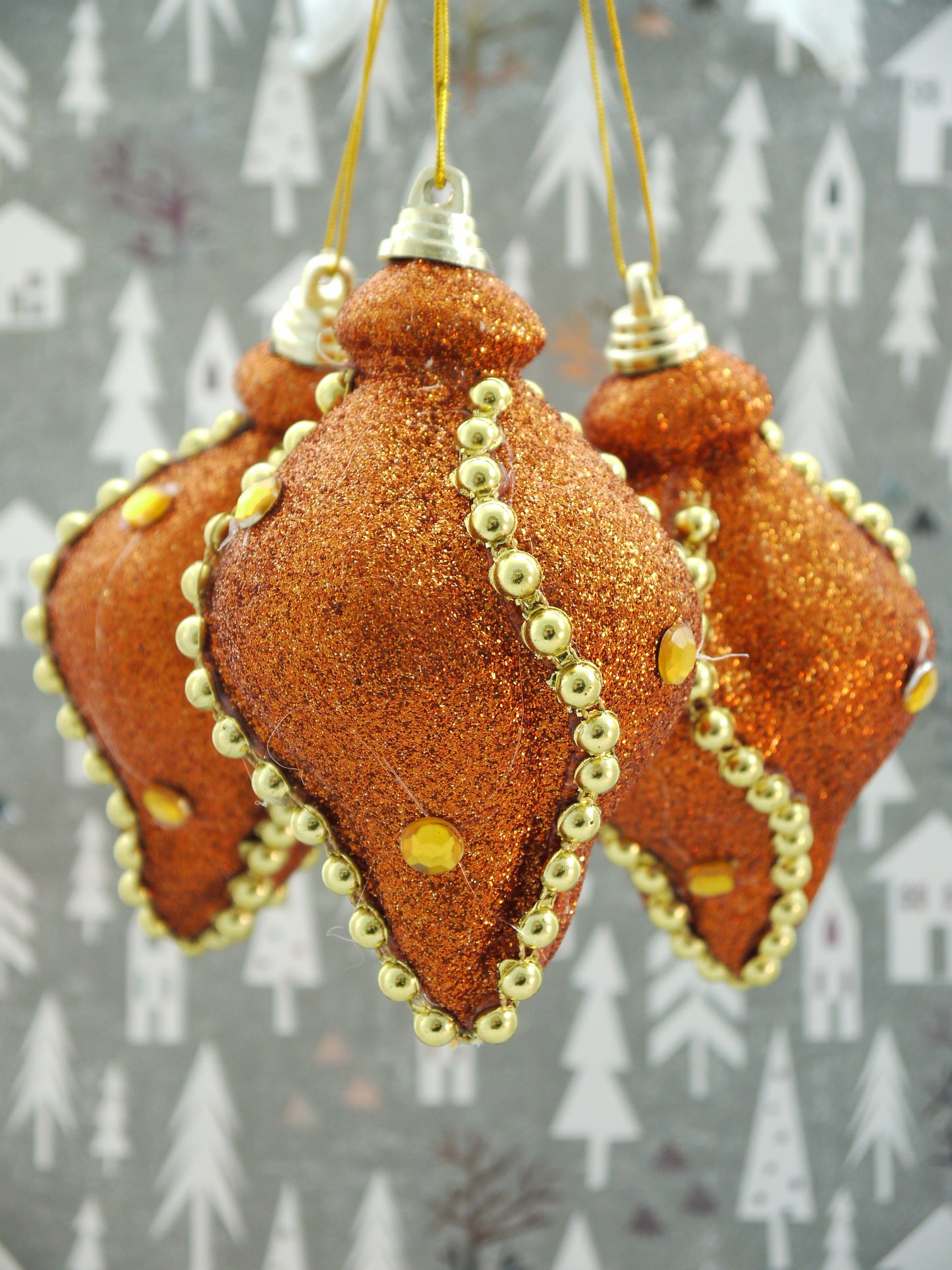 Set of 3 Christmas Icicle Baubles – Copper Gold Glitter With Beaded Chain And Crystals