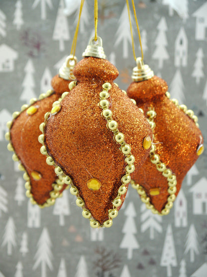 Set of 3 Christmas Icicle Baubles – Copper Gold Glitter With Beaded Chain And Crystals