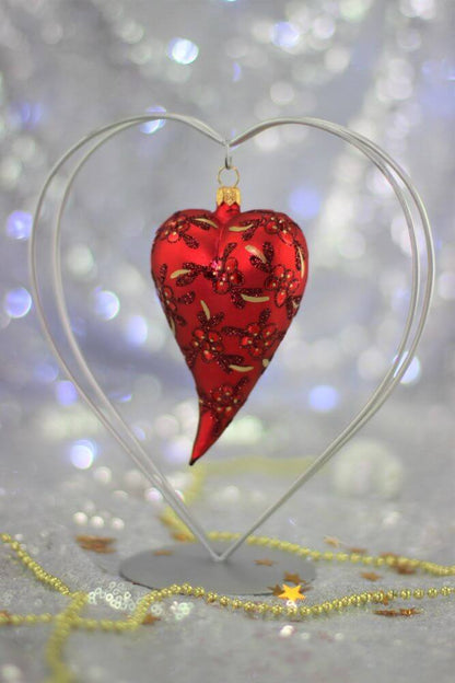 Red Matt Glass Heart Christmas Ornament With Flower Design 12 cm (5”)