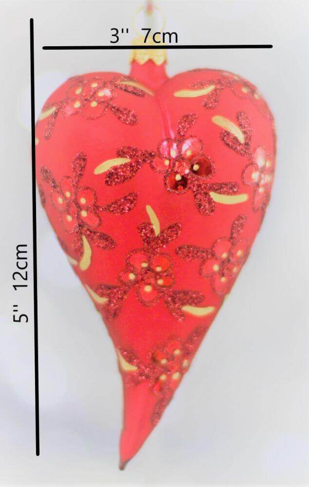 Red Matt Glass Heart Christmas Ornament With Flower Design 12 cm (5”)