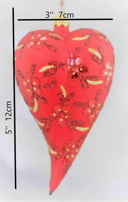 Red Matt Glass Heart Christmas Ornament With Flower Design 12 cm (5”)
