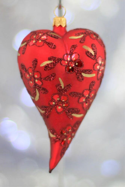 Red Matt Glass Heart Christmas Ornament With Flower Design 12 cm (5”)