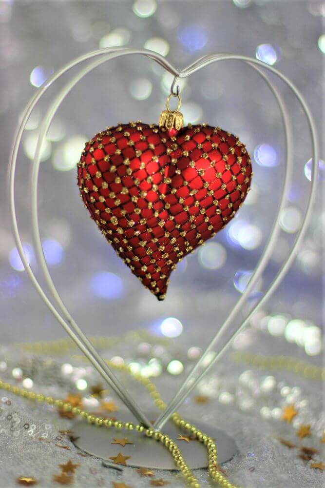 Red Matt Heart Christmas Ornament With Black & Gold Glitter Net