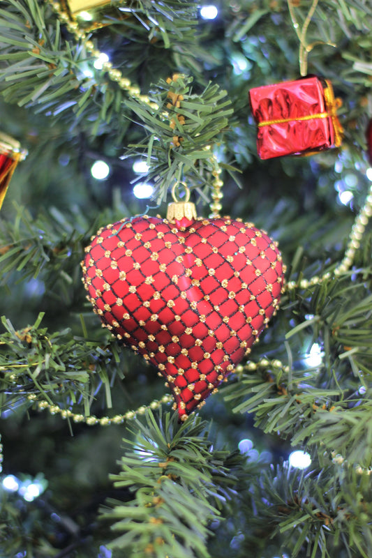 Red Matt Heart Christmas Ornament With Black & Gold Glitter Net