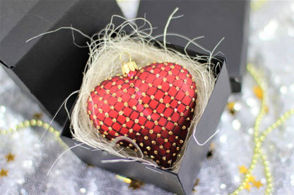 Red Matt Heart Christmas Ornament With Black & Gold Glitter Net