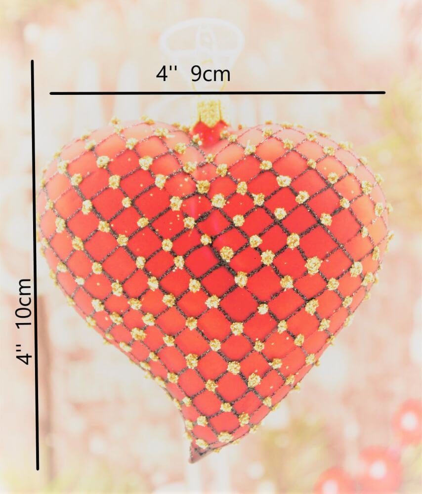 Red Matt Heart Christmas Ornament With Black & Gold Glitter Net