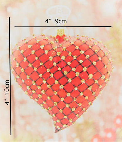 Red Matt Heart Christmas Ornament With Black & Gold Glitter Net