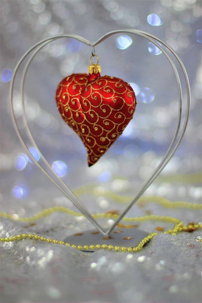 Red Matt Heart Christmas Ornament With Gold Swirls