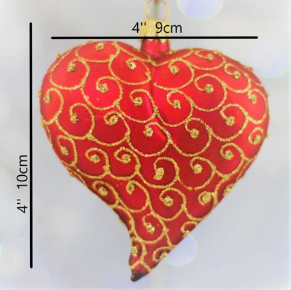 Red Matt Heart Christmas Ornament With Gold Swirls