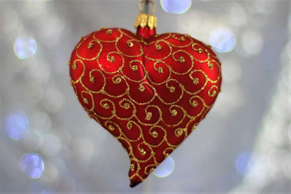 Red Matt Heart Christmas Ornament With Gold Swirls