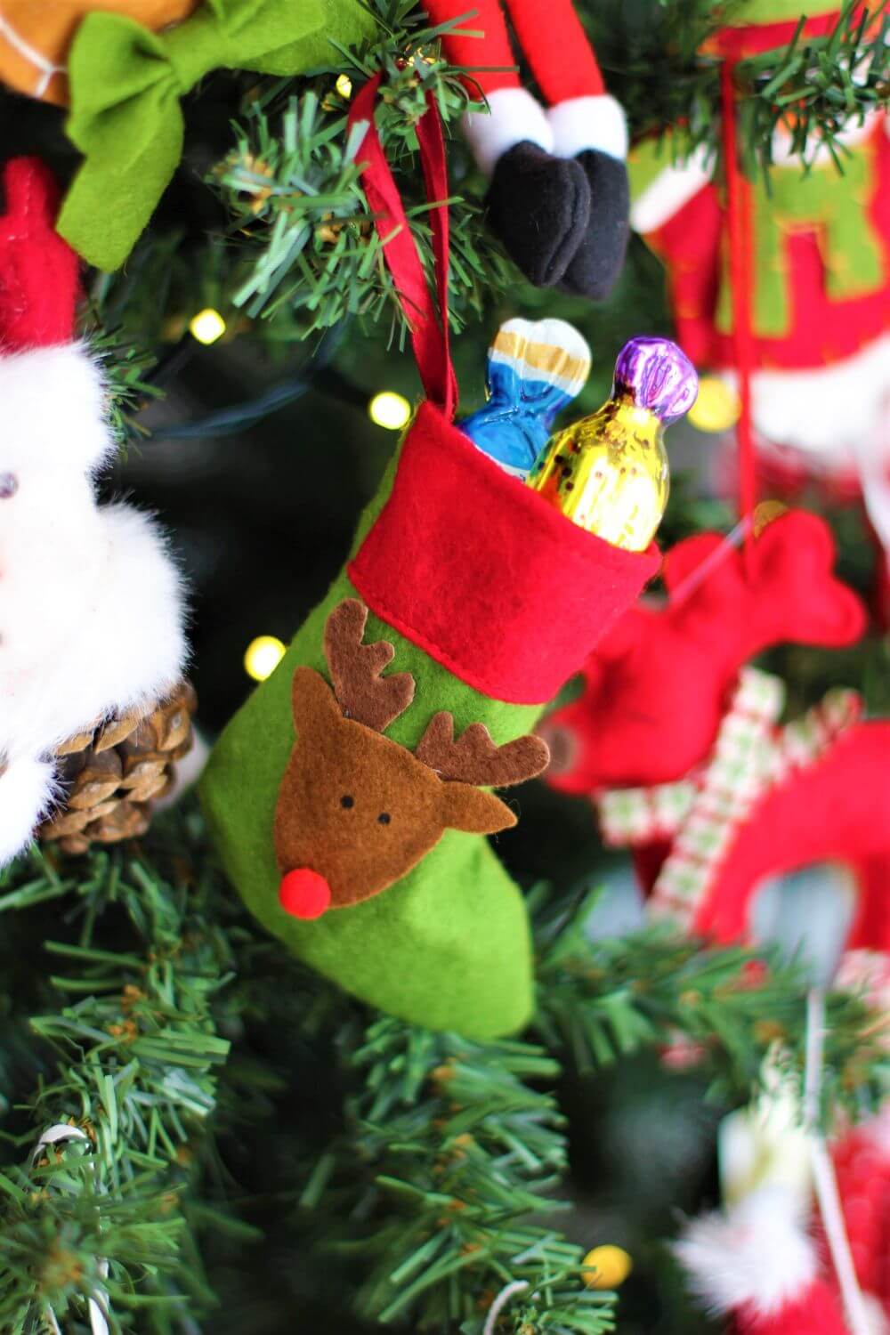 Handmade Green & Red Felt Christmas Stocking with Reindeer Design
