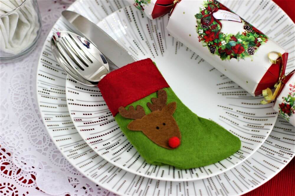 Handmade Green & Red Felt Christmas Stocking with Reindeer Design