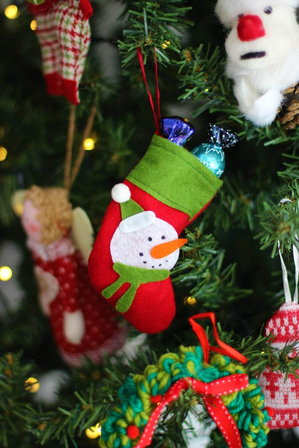 Handmade Red & Green Felt Christmas Stocking with Snowman Design