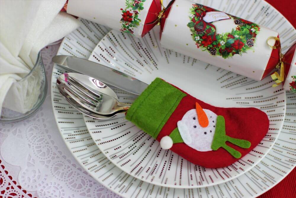 Handmade Red & Green Felt Christmas Stocking with Snowman Design