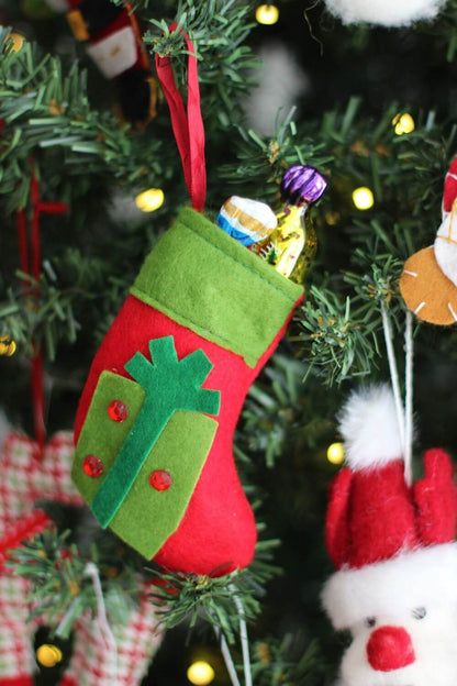 Handmade Red & Green Felt Christmas Stocking with Gift Design