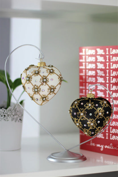 Black Matte Christmas Heart Bauble with Swarovski Crystals – 11cm (4”)