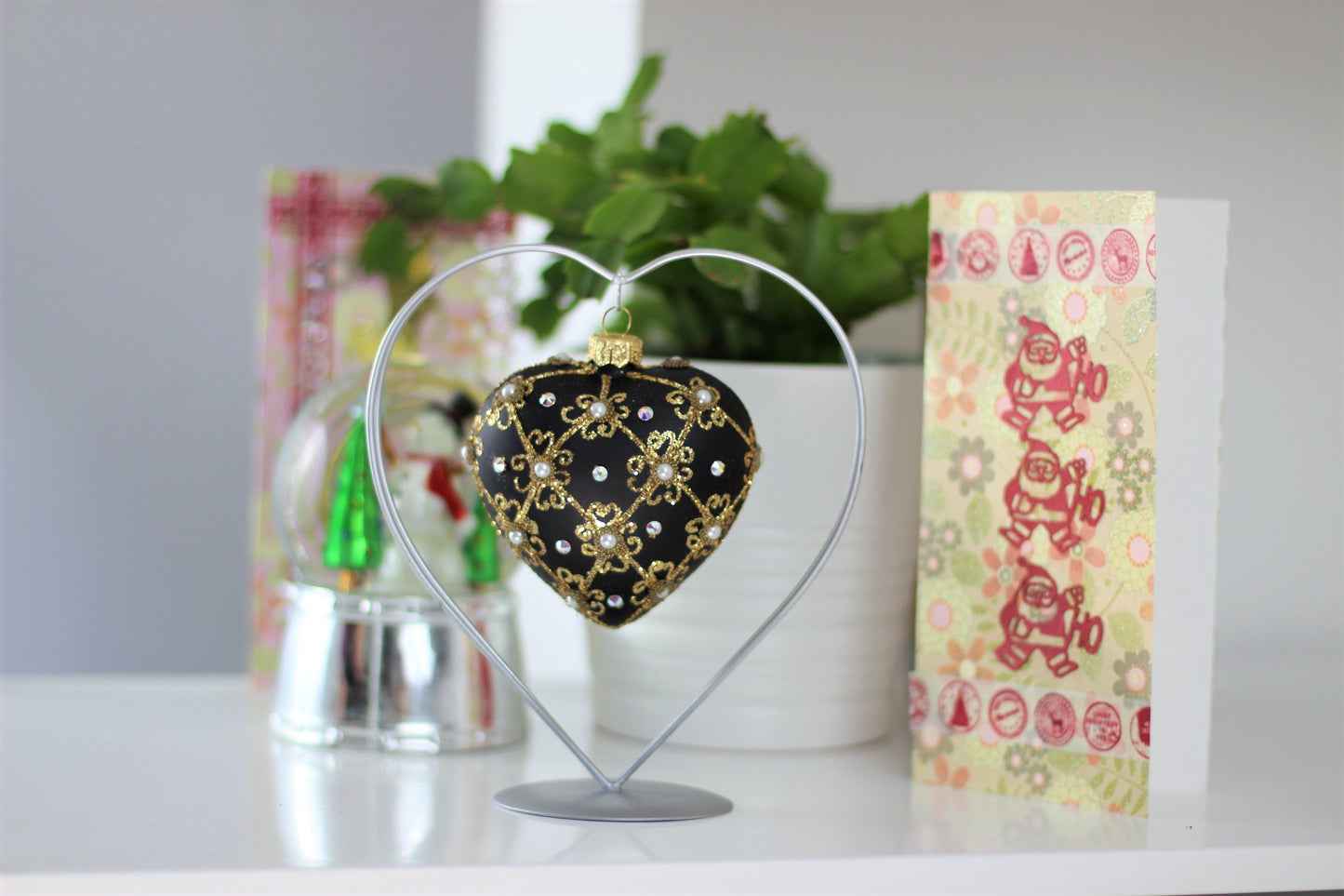 Black Matte Christmas Heart Bauble with Swarovski Crystals – 11cm (4”)