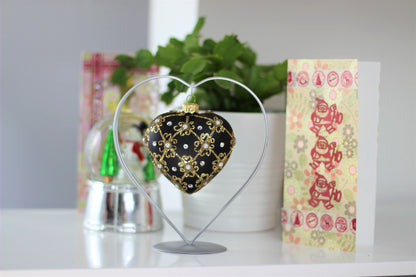 Black Matte Christmas Heart Bauble with Swarovski Crystals – 11cm (4”)