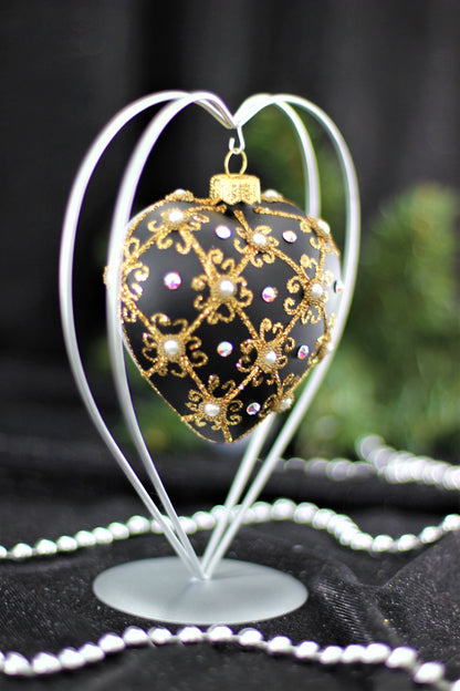 Black Matte Christmas Heart Bauble with Swarovski Crystals – 11cm (4”)