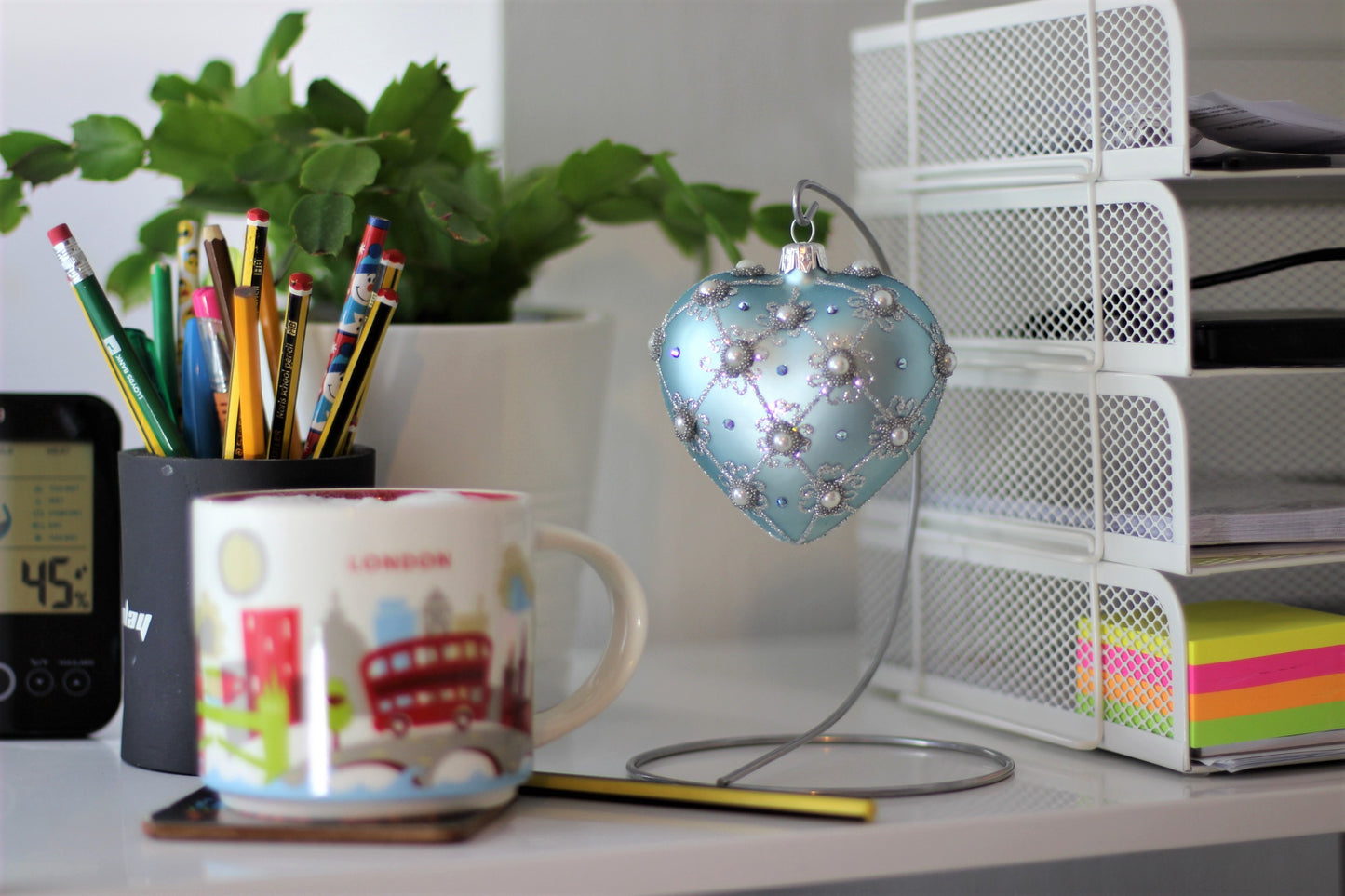 Blue Frost Luxury Glass Heart Christmas Bauble with Swarovski Crystals