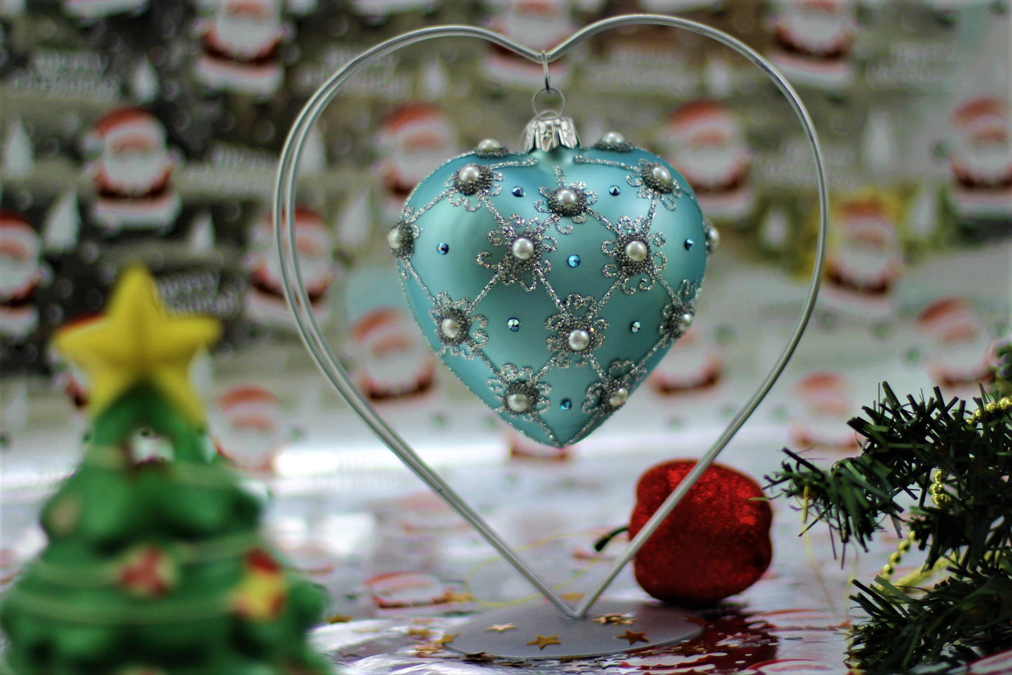 Blue Frost Luxury Glass Heart Christmas Bauble with Swarovski Crystals