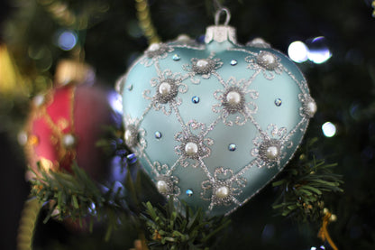 Blue Frost Luxury Glass Heart Christmas Bauble with Swarovski Crystals