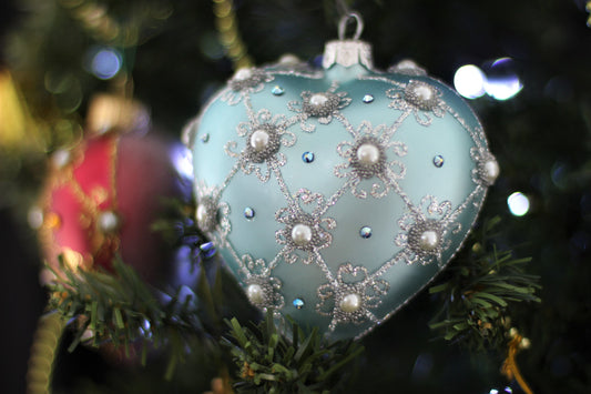 Blue Frost Luxury Glass Heart Christmas Bauble with Swarovski Crystals
