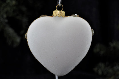 White Matte and Gold Luxury Heart Christmas Bauble with Swarovski Crystals