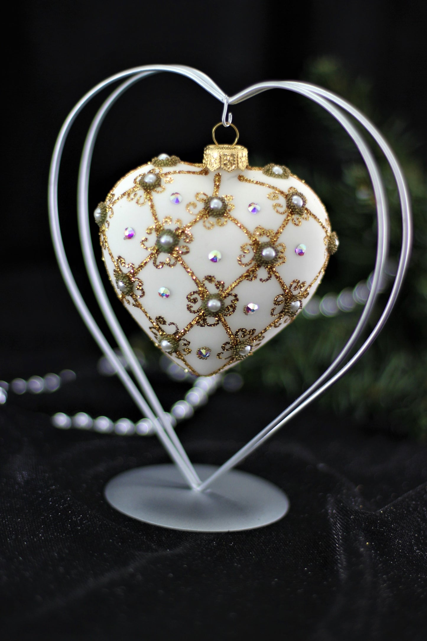 White Matte and Gold Luxury Heart Christmas Bauble with Swarovski Crystals