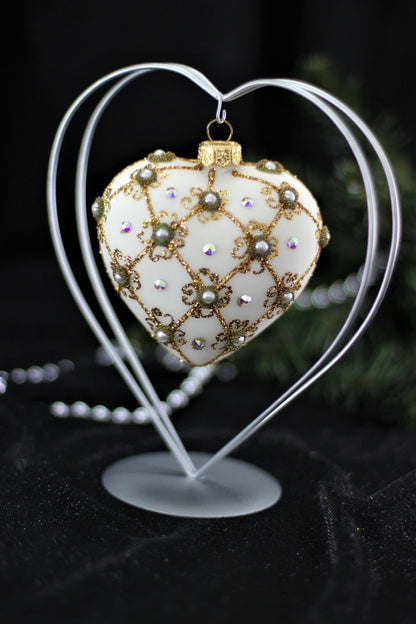 White Matte and Gold Luxury Heart Christmas Bauble with Swarovski Crystals
