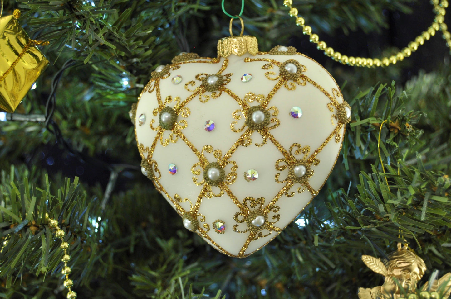 White Matte and Gold Luxury Heart Christmas Bauble with Swarovski Crystals