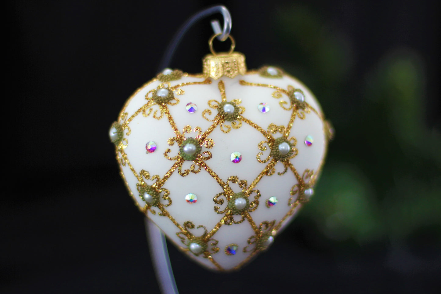 White Matte and Gold Luxury Heart Christmas Bauble with Swarovski Crystals