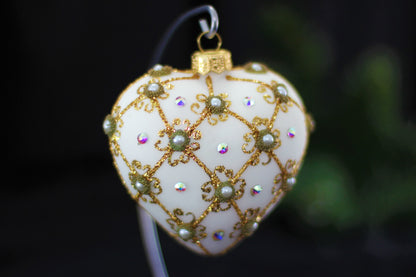 White Matte and Gold Luxury Heart Christmas Bauble with Swarovski Crystals