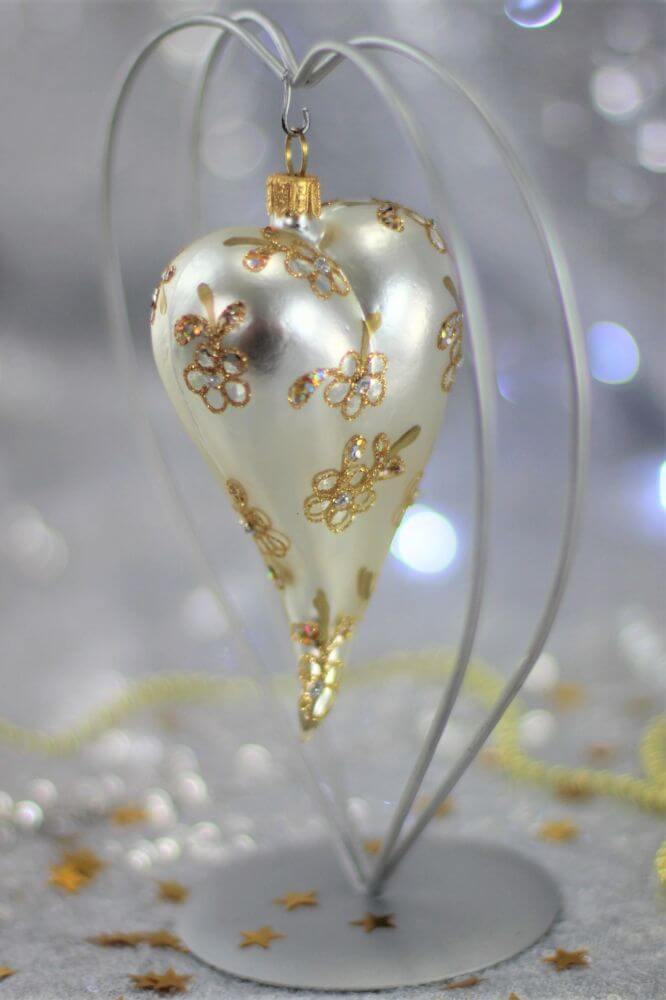 Silver Matt Glass Heart Christmas Ornament With Flower Design 12 cm (5”)