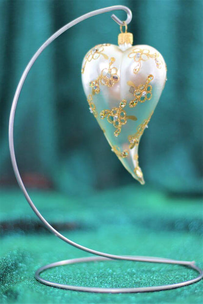 Silver Matt Glass Heart Christmas Ornament With Flower Design 12 cm (5”)