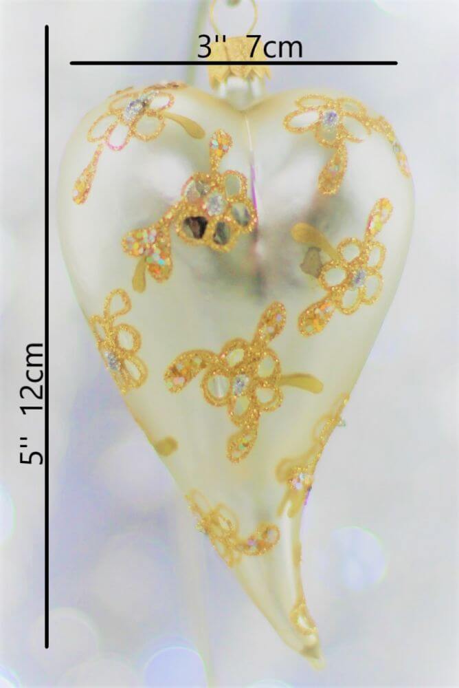 Silver Matt Glass Heart Christmas Ornament With Flower Design 12 cm (5”)